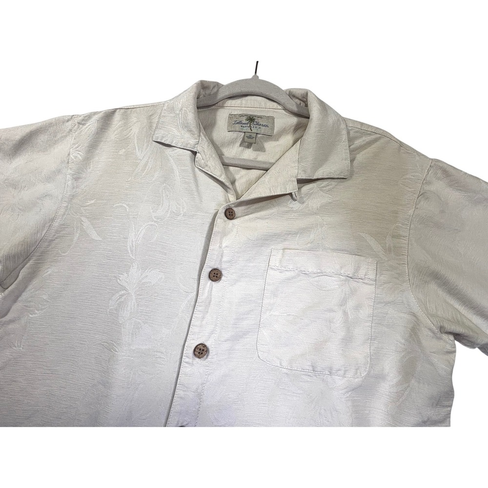 Island Shores Mens Washable Silk Camp Shirt Cream Floral Jacquard Medium